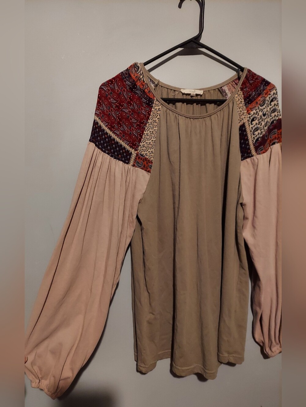 Easel Mixed Media Top Womens S Tan Patchwork Long Sleeve Boho Peasant Cottage